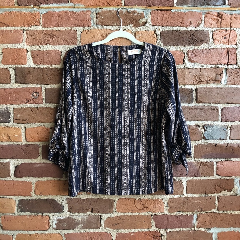 Navy print blouse with tie sleeves